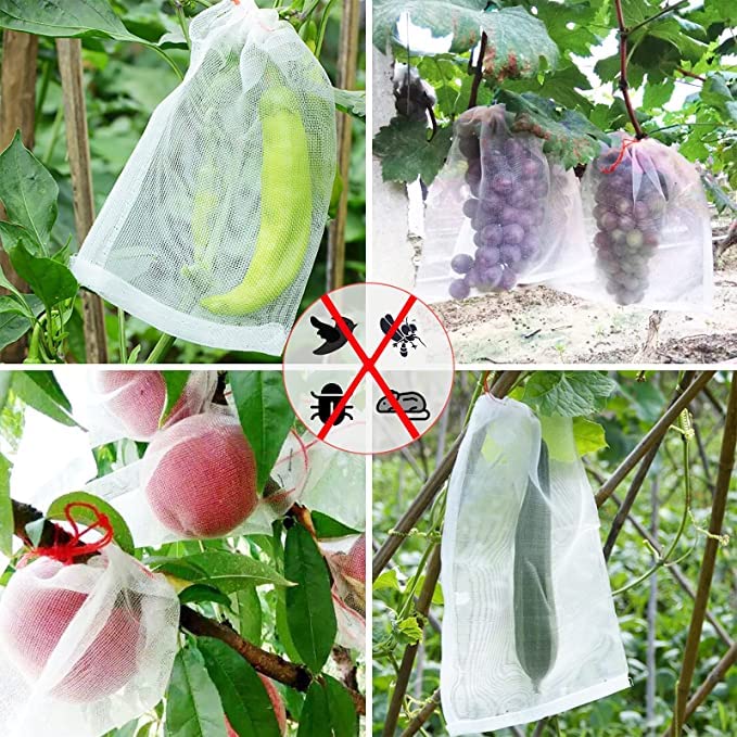 50 Pack Garden Fruit/Veggie Reusable Protective Bags, Protects From Insects Bugs Mosquitos, Drawstring Mesh Netting Barrier Bag Size 20 CM * 30 CM (8 In * 12 In), White