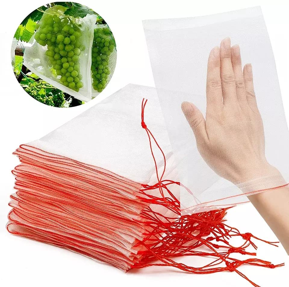 50 Pack Garden Fruit/Veggie Reusable Protective Bags, Protects From Insects Bugs Mosquitos, Drawstring Mesh Netting Barrier Bag Size 20 CM * 30 CM (8 In * 12 In), White