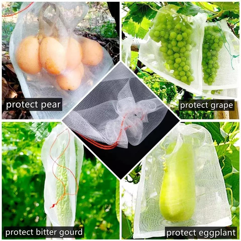 50 Pack Garden Fruit/Veggie Reusable Protective Bags, Protects From Insects Bugs Mosquitos, Drawstring Mesh Netting Barrier Bag Size 20 CM * 30 CM (8 In * 12 In), White