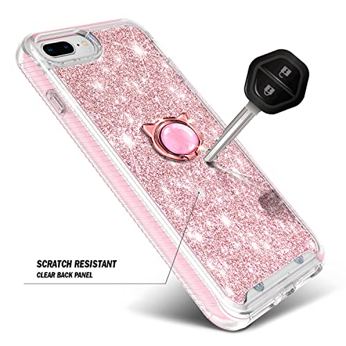 NGB Supremacy Case for iPhone 8 Plus, iPhone 7 Plus /6 Plus /6S Plus, Full Body Protection [Built-in Screen Protector] Ring Holder/Wrist Strap, Slim Fit Shockproof Bumper Case (Glitter Rose Gold)