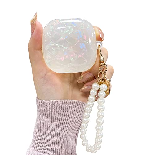 Fycyko Compatible with Samsung Galaxy Buds 2 Pro(2022)/Galaxy Buds Pro Case/Galaxy Buds 2 Case/Galaxy Buds Live Case with Pearl Keychain Cute Shockproof Protective Cover Case White