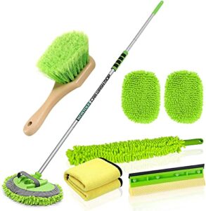 wontolf 62'' car wash brush with long handle chenille microfiber w004 car wash mop mitt car washing brush cleaning kit window squeegee car duster microfiber towels for cars rv truck boat 10pcs