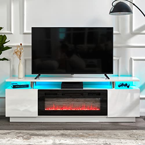 Amerlife Fireplace TV Stand with 36" Fireplace, 70" Modern High Gloss Entertainment Center LED Lights, 2 Tier TV Console Cabinet for TVs Up to 80", Ivory White