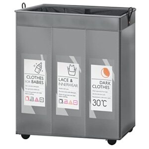dedu 120l laundry sorter 3 section heavy duty, extra large slim laundry hamper rolling, collapsible laundry basket with wheels and 2 leather handles (dark gray)