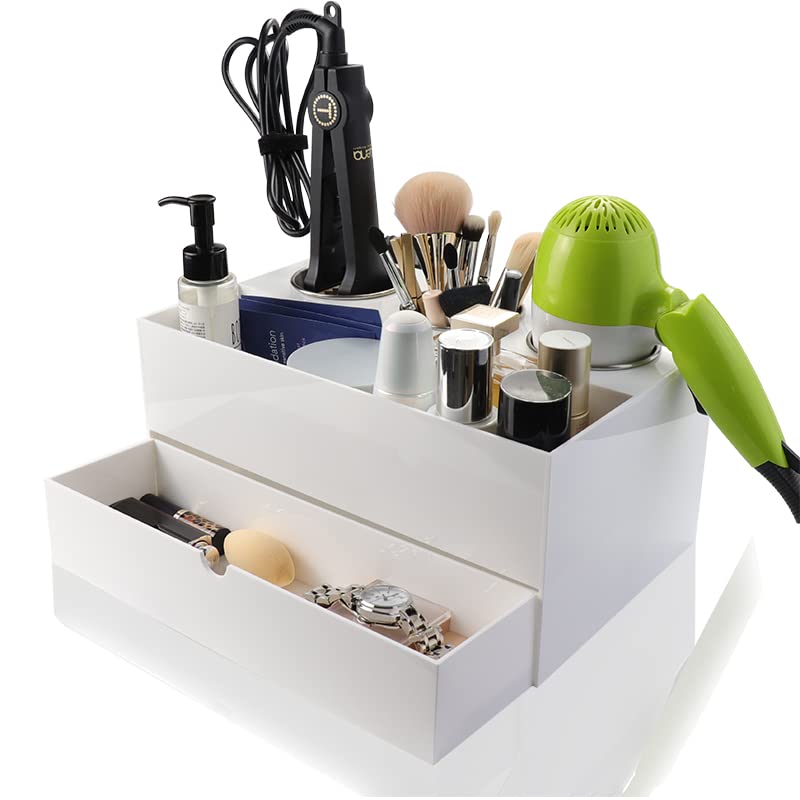 Organizer for Hair Tools for Countertop, Acrylic Hair Dryer Caddy Storage Holder for Hair Straightener,Hair Dryer and Curling Iron Holder, Vanity Bathroom Drawer Trays,White