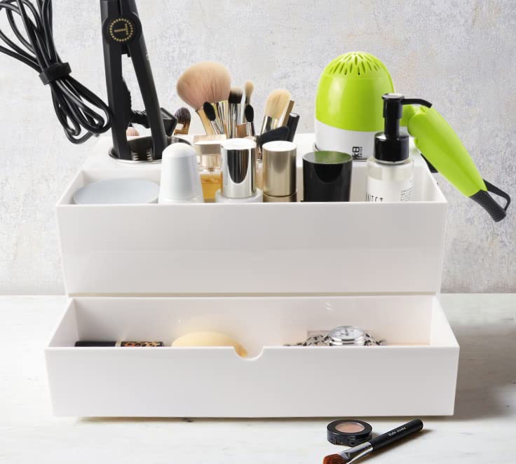 Organizer for Hair Tools for Countertop, Acrylic Hair Dryer Caddy Storage Holder for Hair Straightener,Hair Dryer and Curling Iron Holder, Vanity Bathroom Drawer Trays,White