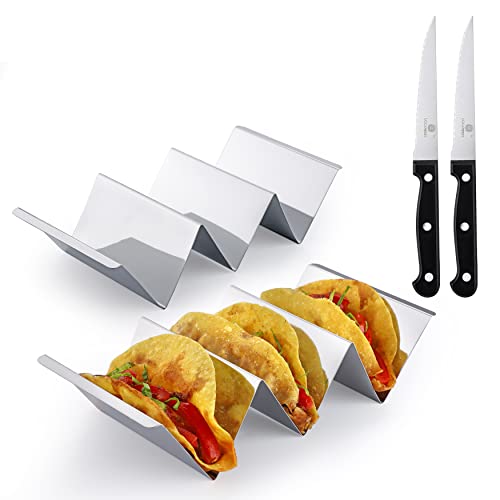 Taco Holder Stands Set of 4 – 2PCS Stainless Steel Taco rack tray and 2PCS Steak Knives – Perfect Combination for Taco Tuesday & Taco Bar - Dishwasher & Microwave Safe