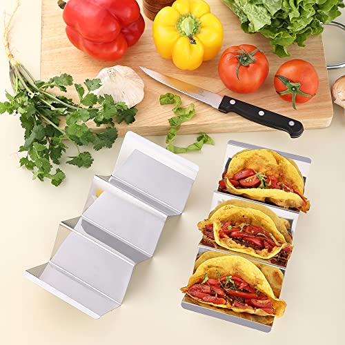 Taco Holder Stands Set of 4 – 2PCS Stainless Steel Taco rack tray and 2PCS Steak Knives – Perfect Combination for Taco Tuesday & Taco Bar - Dishwasher & Microwave Safe