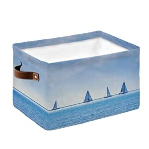 Blue Wide Sea Sailboat Storage Bins, Collapsible Cube Storage Organizer with Handles, Sea Horizon Sky White Clouds Waterproof Clothes Hamper Storage Basket for Toys/Blanket 15"x11"x9.5"