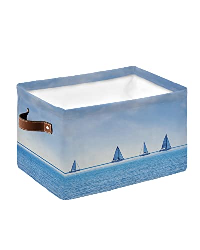 Blue Wide Sea Sailboat Storage Bins, Collapsible Cube Storage Organizer with Handles, Sea Horizon Sky White Clouds Waterproof Clothes Hamper Storage Basket for Toys/Blanket 15"x11"x9.5"