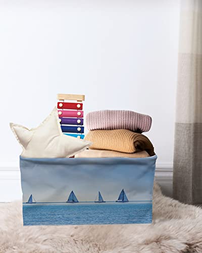 Blue Wide Sea Sailboat Storage Bins, Collapsible Cube Storage Organizer with Handles, Sea Horizon Sky White Clouds Waterproof Clothes Hamper Storage Basket for Toys/Blanket 15"x11"x9.5"