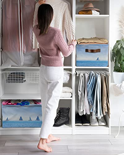 Blue Wide Sea Sailboat Storage Bins, Collapsible Cube Storage Organizer with Handles, Sea Horizon Sky White Clouds Waterproof Clothes Hamper Storage Basket for Toys/Blanket 15"x11"x9.5"