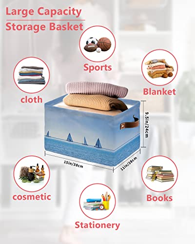 Blue Wide Sea Sailboat Storage Bins, Collapsible Cube Storage Organizer with Handles, Sea Horizon Sky White Clouds Waterproof Clothes Hamper Storage Basket for Toys/Blanket 15"x11"x9.5"