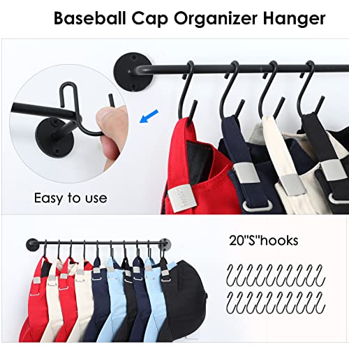 Iswabard Hat Rack for Wall Organizer Baseball Cap Display Wall Mounted Hat Rack with 20 Hooks Hat Hangers for Wall Modern Metal Hat Holder for Closet Door Bedroom Hat Organizer, Set of 2, Black