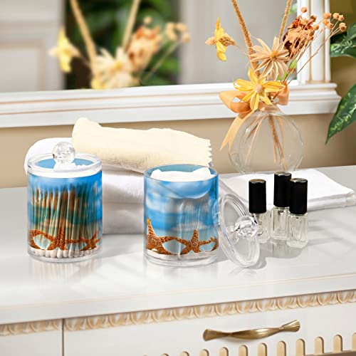 ALAZA Starfish Ocean Blue Sky 2 Pack Qtip Holder Dispenser with Lid 14 Oz Clear Plastic Apothecary Jar Containers Jars Bathroom for Cotton Swab, Ball, Pads, Floss, Vanity Makeup Organizer