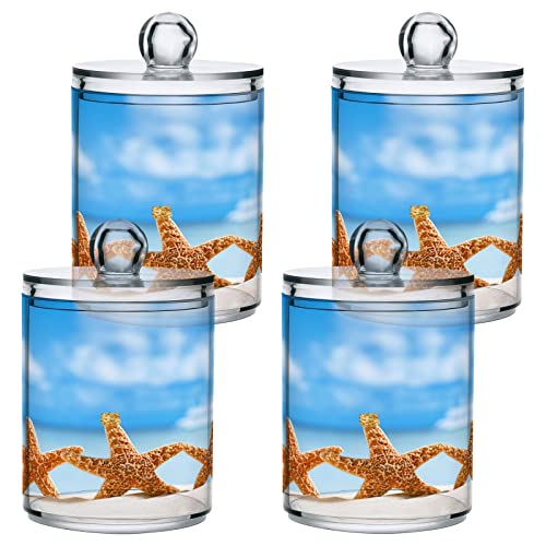 ALAZA Starfish Ocean Blue Sky 2 Pack Qtip Holder Dispenser with Lid 14 Oz Clear Plastic Apothecary Jar Containers Jars Bathroom for Cotton Swab, Ball, Pads, Floss, Vanity Makeup Organizer