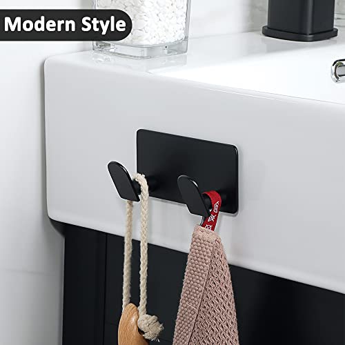 SAYAYO Black Coat Hooks for Wall, Adhesive Towel Hooks for Bathrooms, Heavy Duty Wall Hooks for Hanging, Stainless Steel Double Robe Hooks X 2 Packs