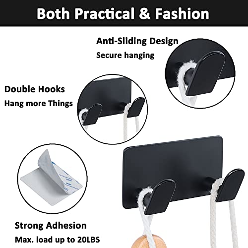 SAYAYO Black Coat Hooks for Wall, Adhesive Towel Hooks for Bathrooms, Heavy Duty Wall Hooks for Hanging, Stainless Steel Double Robe Hooks X 2 Packs