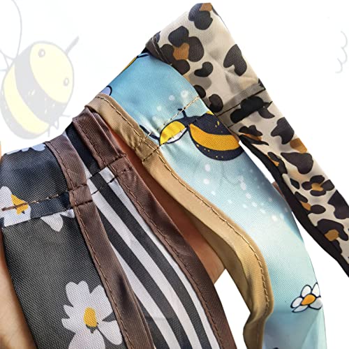 HAPPYHEIDI 4 Pack Bulk Cute Medium Foldable Reusable Grocery Bags Washable Small Shopping Totes, Long Handles, Heavy Duty, Fold-Up Pouch, Leopard Bees Floral Daisy Stripe