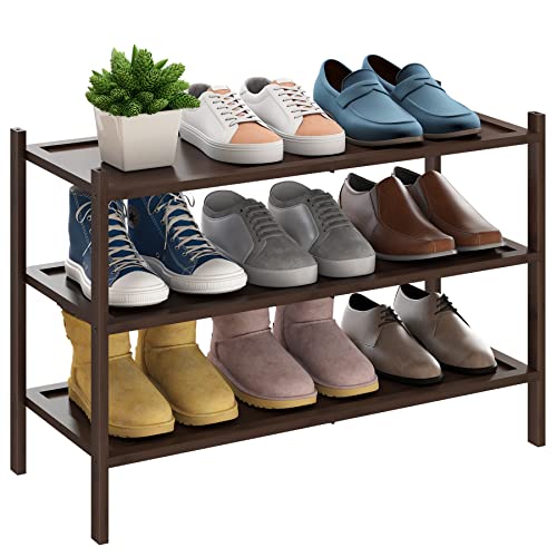 BMOSU 3-Tier Bamboo Shoe Rack Premium Stackable Shoe Shelf Storage Organizer for Hallway Closet Living Room Entryway Organizer(Brown)