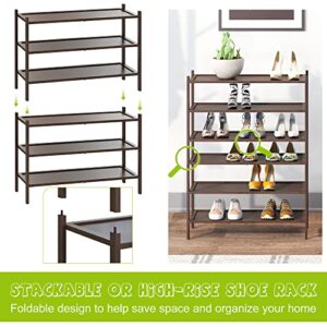 BMOSU 3-Tier Bamboo Shoe Rack Premium Stackable Shoe Shelf Storage Organizer for Hallway Closet Living Room Entryway Organizer(Brown)
