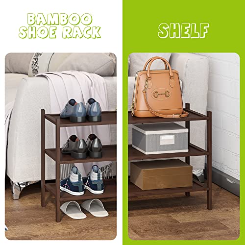 BMOSU 3-Tier Bamboo Shoe Rack Premium Stackable Shoe Shelf Storage Organizer for Hallway Closet Living Room Entryway Organizer(Brown)