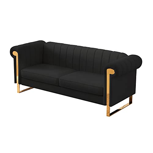 Tmosi 83'' Modern Velvet Upholstered Sofa Couch,3 Seat Sofa with Gold Stainless Steel Legs for Living Room,Bedroom,Apartment,Office (Black)