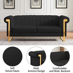 Tmosi 83'' Modern Velvet Upholstered Sofa Couch,3 Seat Sofa with Gold Stainless Steel Legs for Living Room,Bedroom,Apartment,Office (Black)