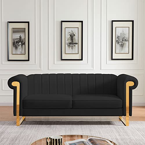 Tmosi 83'' Modern Velvet Upholstered Sofa Couch,3 Seat Sofa with Gold Stainless Steel Legs for Living Room,Bedroom,Apartment,Office (Black)