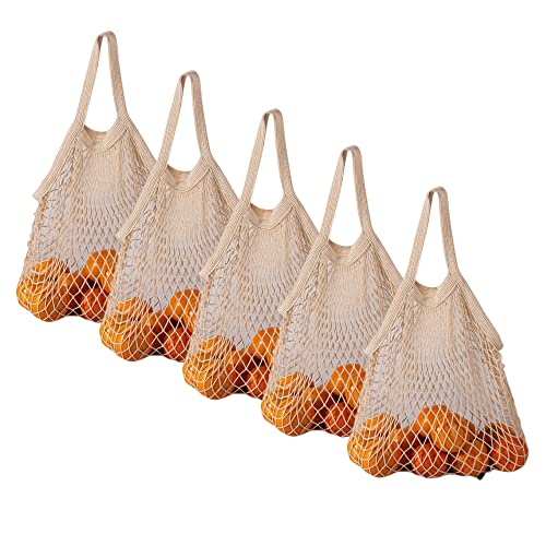 FEICHANGHAO 5 Pack Reusable Produce Bags - 100% Cotton Net Tote Bags, Premium Mesh Grocery Bags, Fruit And Vegetable Bags