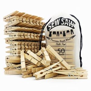 wooden clothespins for crafts with reusable storage bag – 50 pack natural clothes pins heavy duty outdoor and indoor use, moisture resistant laundry clips with strong grip