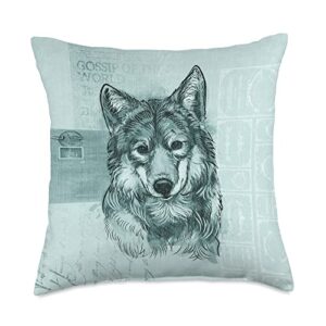 wolf designs by content design studio wolf portrait, vintage look, turquoise throw pillow, 18x18, multicolor
