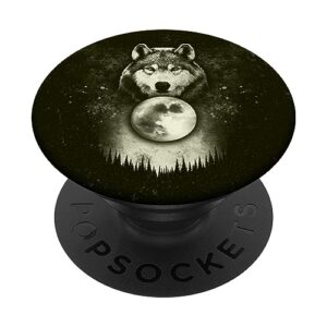 wolf with moon, forest, night and dusk, black popsockets standard popgrip