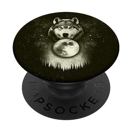 Wolf with moon, forest, night and dusk, black PopSockets Standard PopGrip