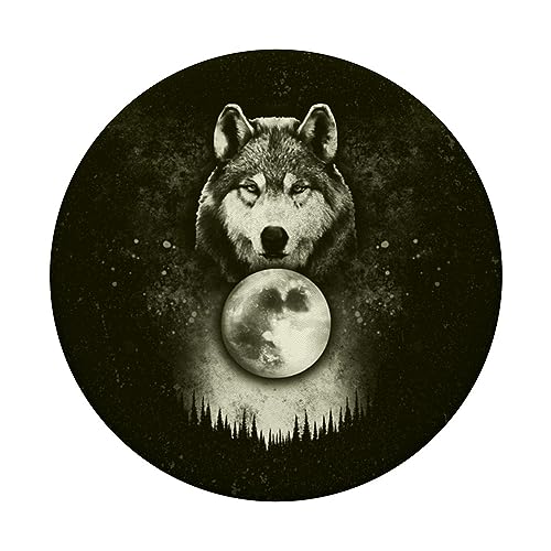 Wolf with moon, forest, night and dusk, black PopSockets Standard PopGrip