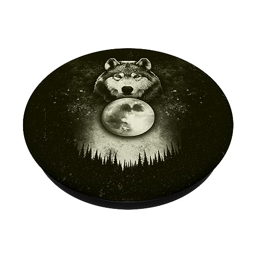 Wolf with moon, forest, night and dusk, black PopSockets Standard PopGrip