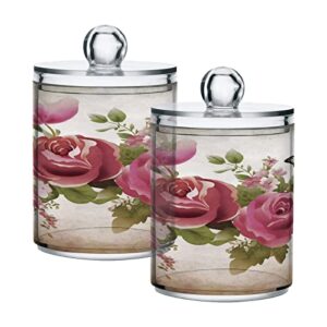 alaza retro rose flower butterfly 2 pack qtip holder dispenser with lid 14 oz clear plastic apothecary jar containers jars bathroom for cotton swab, ball, pads, floss, vanity makeup organizer