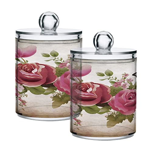 ALAZA Retro Rose Flower Butterfly 2 Pack Qtip Holder Dispenser with Lid 14 Oz Clear Plastic Apothecary Jar Containers Jars Bathroom for Cotton Swab, Ball, Pads, Floss, Vanity Makeup Organizer