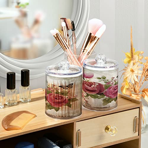 ALAZA Retro Rose Flower Butterfly 2 Pack Qtip Holder Dispenser with Lid 14 Oz Clear Plastic Apothecary Jar Containers Jars Bathroom for Cotton Swab, Ball, Pads, Floss, Vanity Makeup Organizer