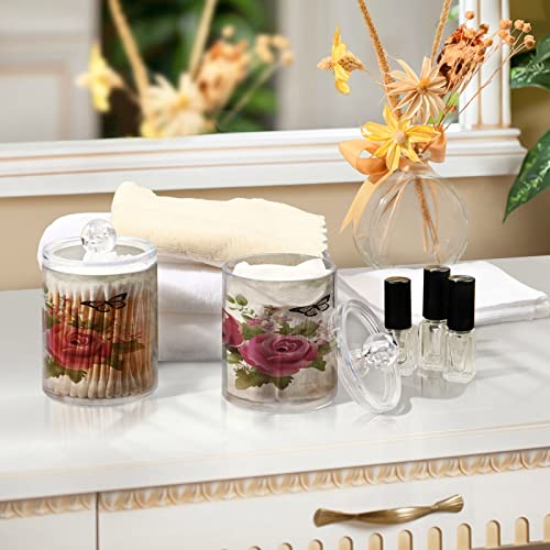 ALAZA Retro Rose Flower Butterfly 2 Pack Qtip Holder Dispenser with Lid 14 Oz Clear Plastic Apothecary Jar Containers Jars Bathroom for Cotton Swab, Ball, Pads, Floss, Vanity Makeup Organizer