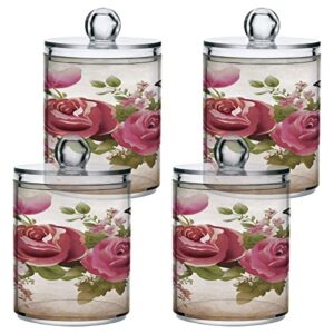 ALAZA Retro Rose Flower Butterfly 2 Pack Qtip Holder Dispenser with Lid 14 Oz Clear Plastic Apothecary Jar Containers Jars Bathroom for Cotton Swab, Ball, Pads, Floss, Vanity Makeup Organizer