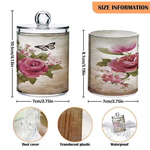 ALAZA Retro Rose Flower Butterfly 2 Pack Qtip Holder Dispenser with Lid 14 Oz Clear Plastic Apothecary Jar Containers Jars Bathroom for Cotton Swab, Ball, Pads, Floss, Vanity Makeup Organizer