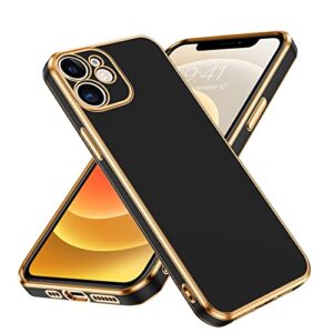 bentoben compatible with iphone 12 case, slim luxury electroplated bumper women men girl protective soft case cover with strap for iphone 12 6.1 inch,black/gold