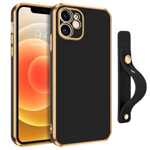 BENTOBEN Compatible with iPhone 12 Case, Slim Luxury Electroplated Bumper Women Men Girl Protective Soft Case Cover with Strap for iPhone 12 6.1 inch,Black/Gold