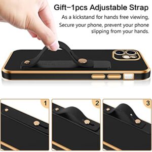 BENTOBEN Compatible with iPhone 12 Case, Slim Luxury Electroplated Bumper Women Men Girl Protective Soft Case Cover with Strap for iPhone 12 6.1 inch,Black/Gold