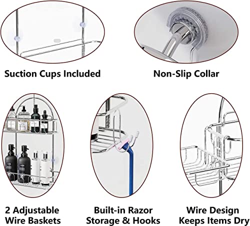 Neahom Hanging Shower Caddy Over Shower Head for Bathroom Silver, Stainless Steel Soap Holder & Razor Holder & Hooks, Hanging Shower Shelf Organizer, Storage Rack, Rustproof, Anti-Swing