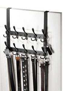 over the door belt organizer rack, holds over 60 large belts, heavy duty metal storage holder with triple-hook design, tie & scarf display hanger for closet, bedroom door, bra hanger- 2-tier, black