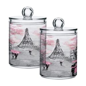 alaza paris eiffel tower artwork 2 pack qtip holder dispenser with lid 14 oz clear plastic apothecary jar containers jars bathroom for cotton swab, ball, pads, floss, vanity makeup organizer