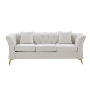 homtique 3 seater sofa,mid century modern velvet couch for living room,84 inches tufted upholstered chesterfield sofa with metal legs decor,comfy furniture set for bedroom apartment (beige)