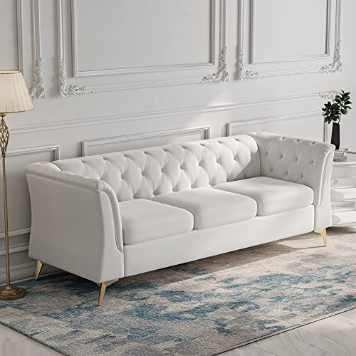 Homtique 3 Seater Sofa,Mid Century Modern Velvet Couch for Living Room,84 Inches Tufted Upholstered Chesterfield Sofa with Metal Legs Decor,Comfy Furniture Set for Bedroom Apartment (Beige)